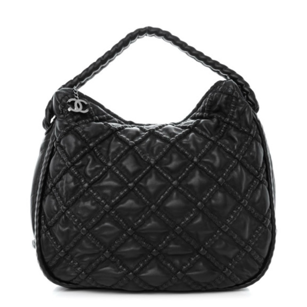 CHANEL Large Quilted Lambskin Hobo Black
